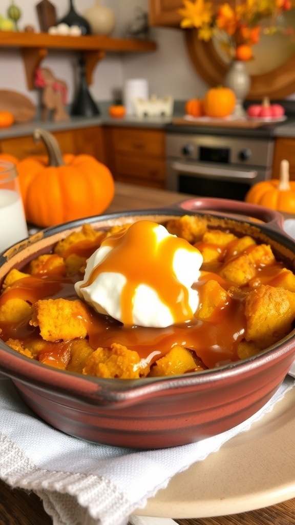 A warm pumpkin bread pudding topped with caramel sauce and whipped cream in a rustic dish.